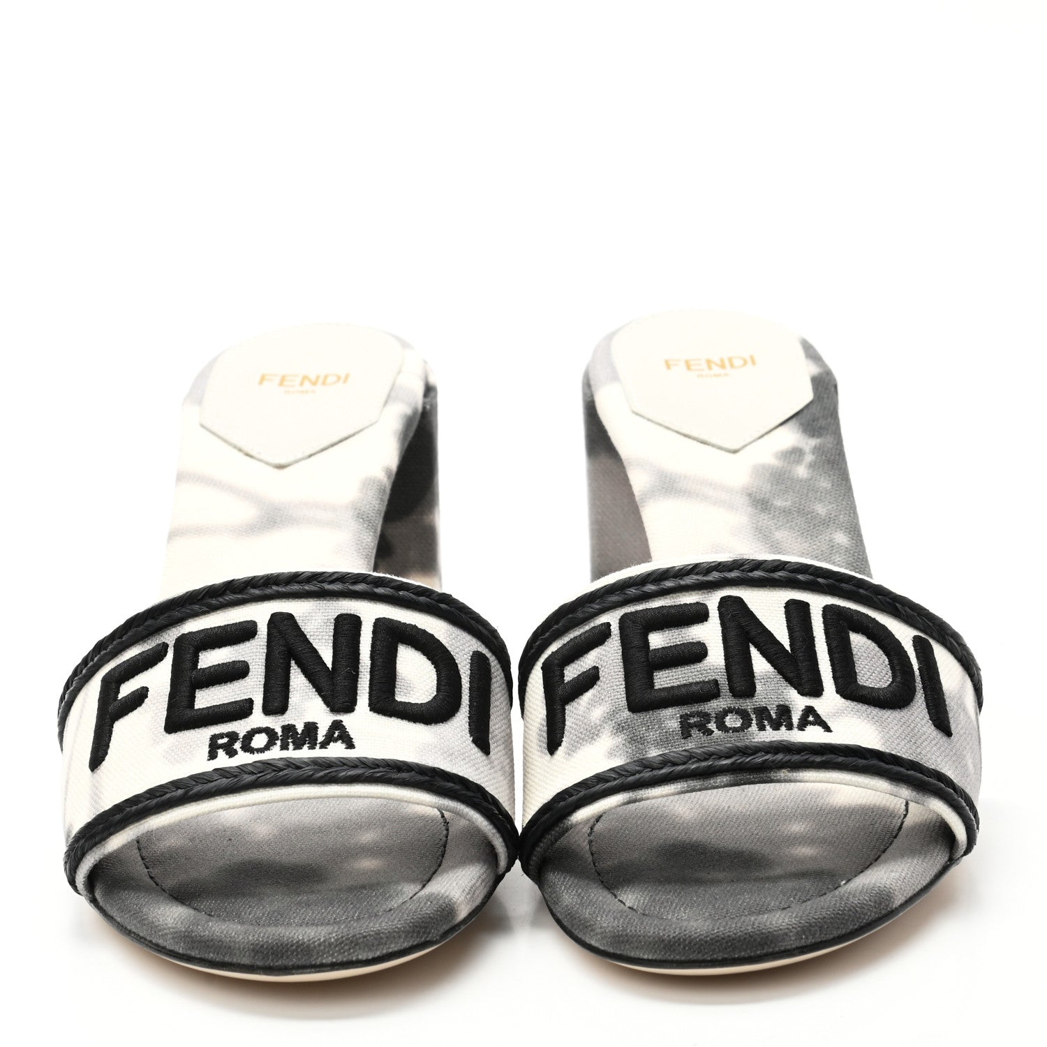 Fendi Canvas Floral Print Logo Mid-Heel Slide Sandals 40 Black White 2 of 7