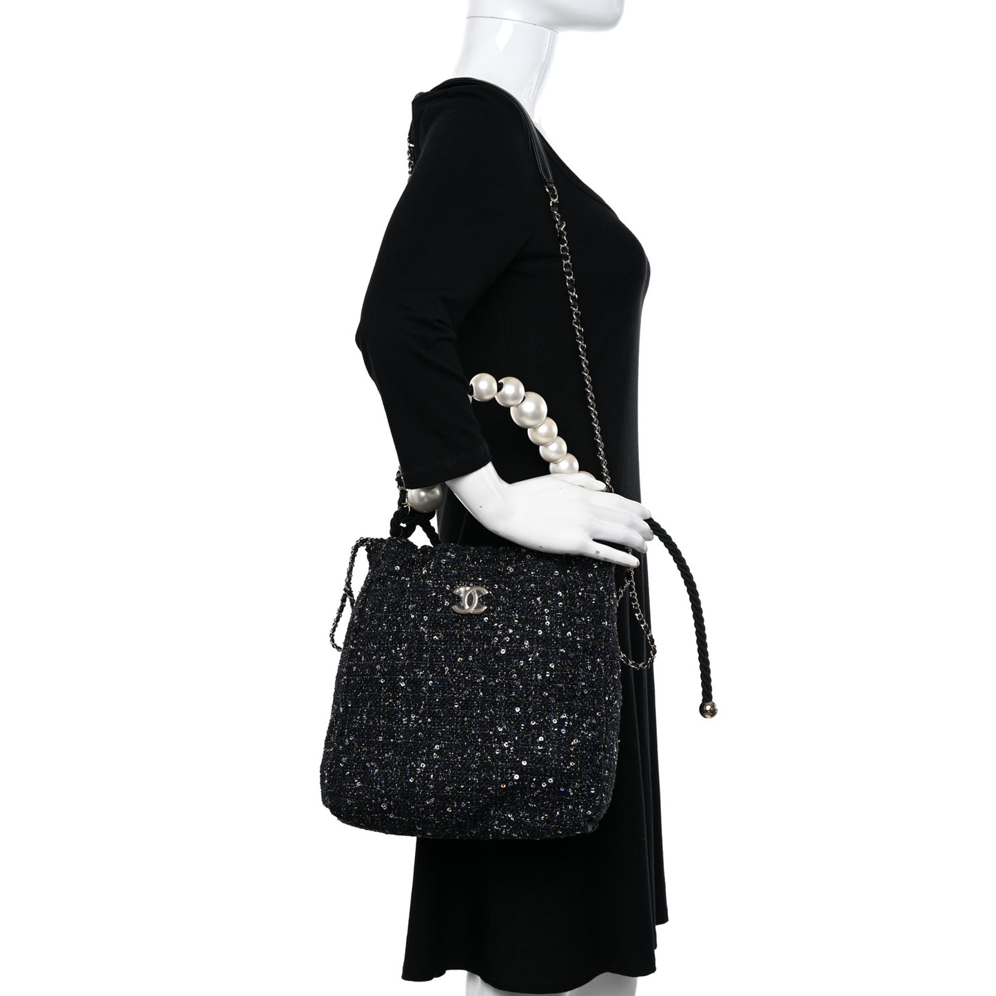 Tweed Pearl Handle Drawstring Bag Black Ecru