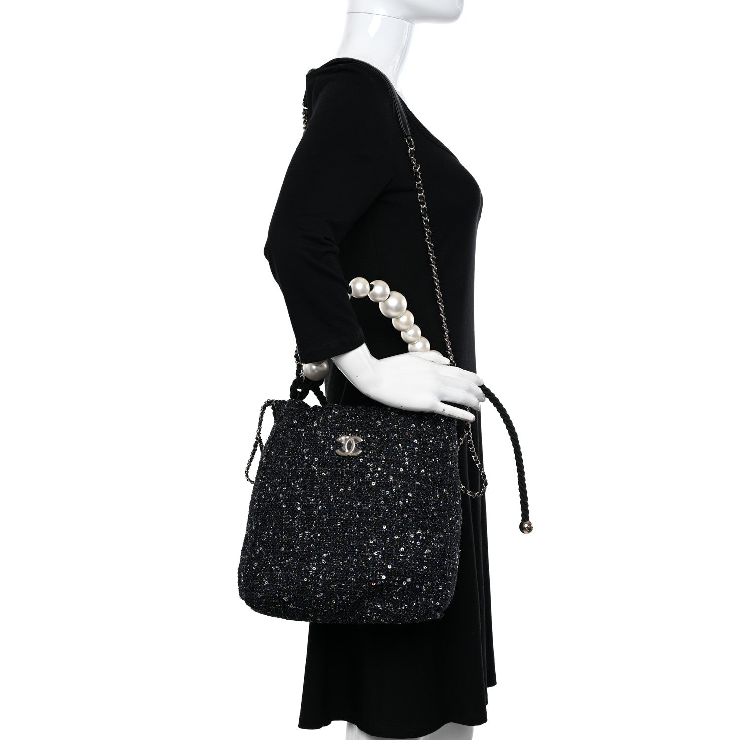 Chanel Tweed Pearl Handle Drawstring Bag Black Ecru 2 of 10