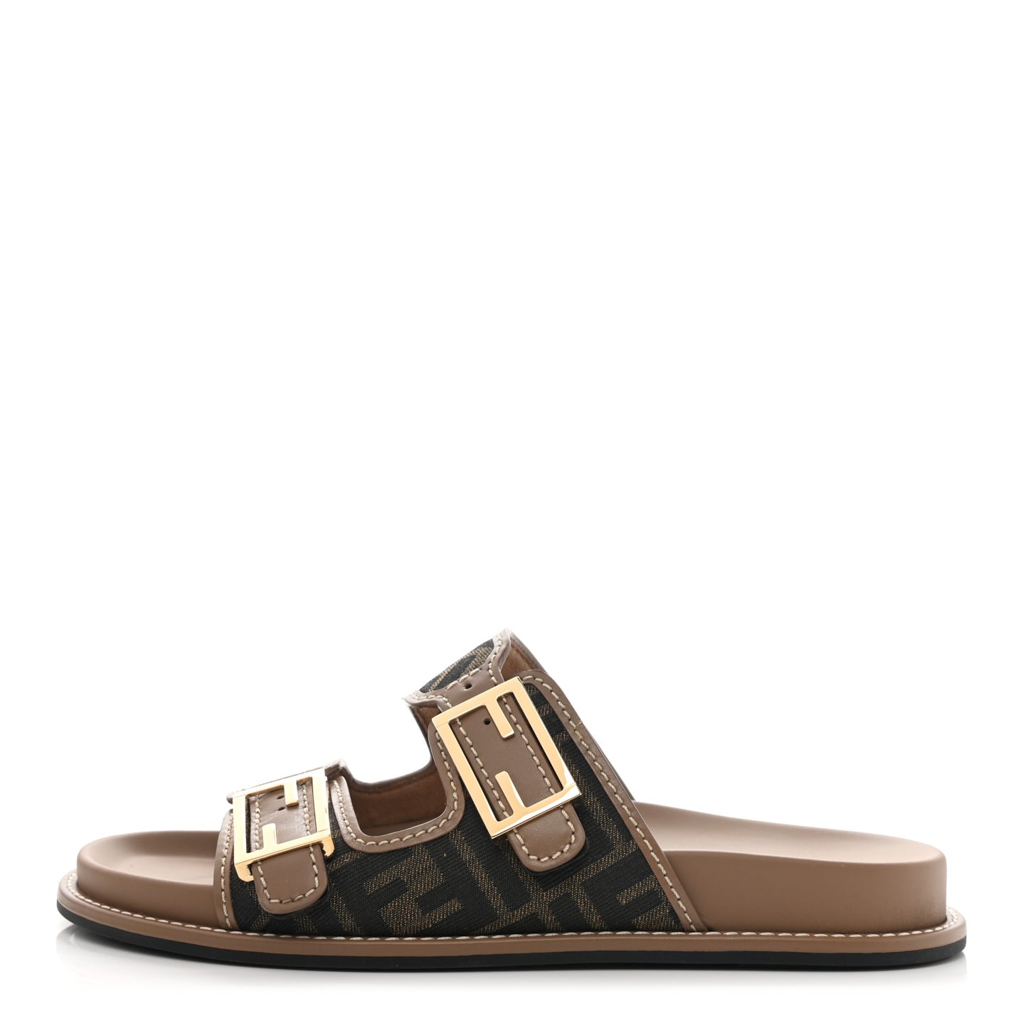 Fabric Jacquard Nappa FF Womens Fendi Feel Buckled Slide Sandals 41 Tobacco Black Miele Scuro