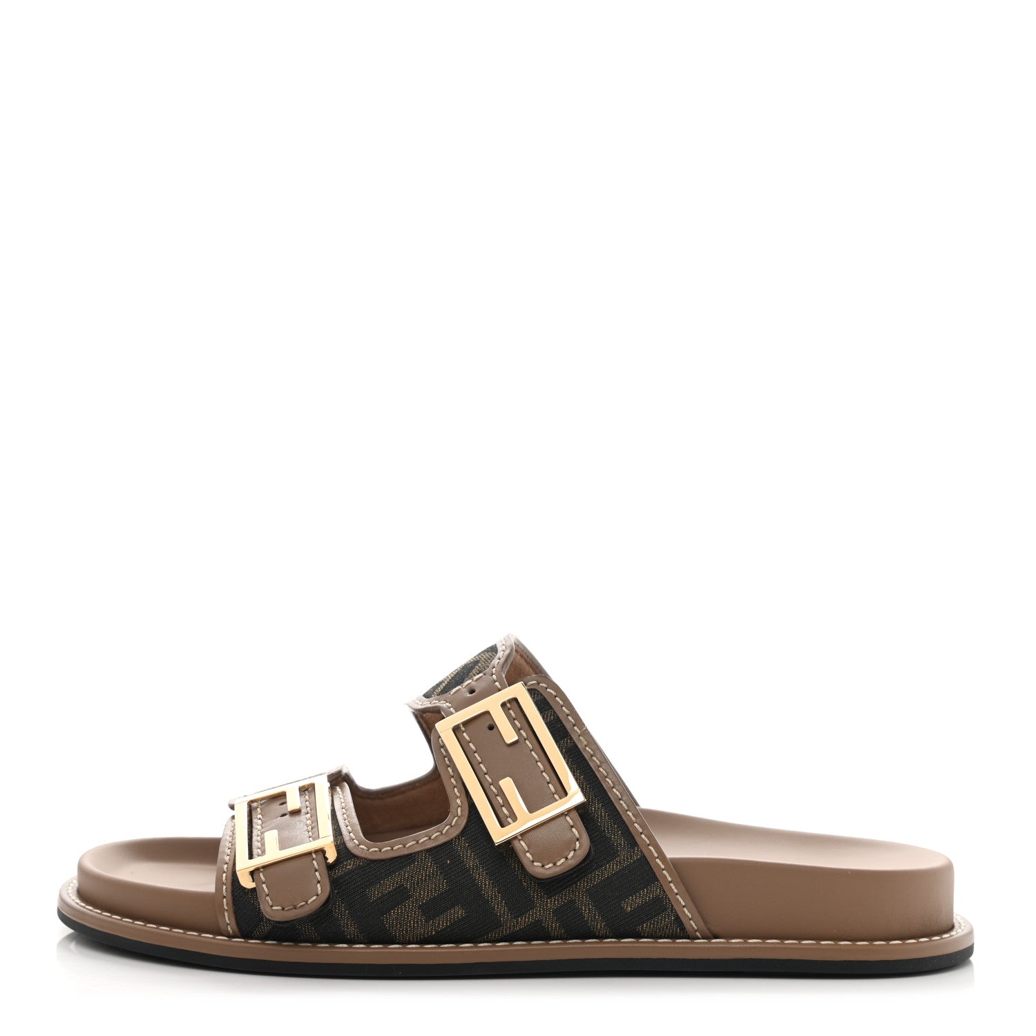 Fendi Fabric Jacquard Nappa FF Womens Fendi Feel Buckled Slide Sandals 41 Tobacco Black Miele Scuro 2 of 18