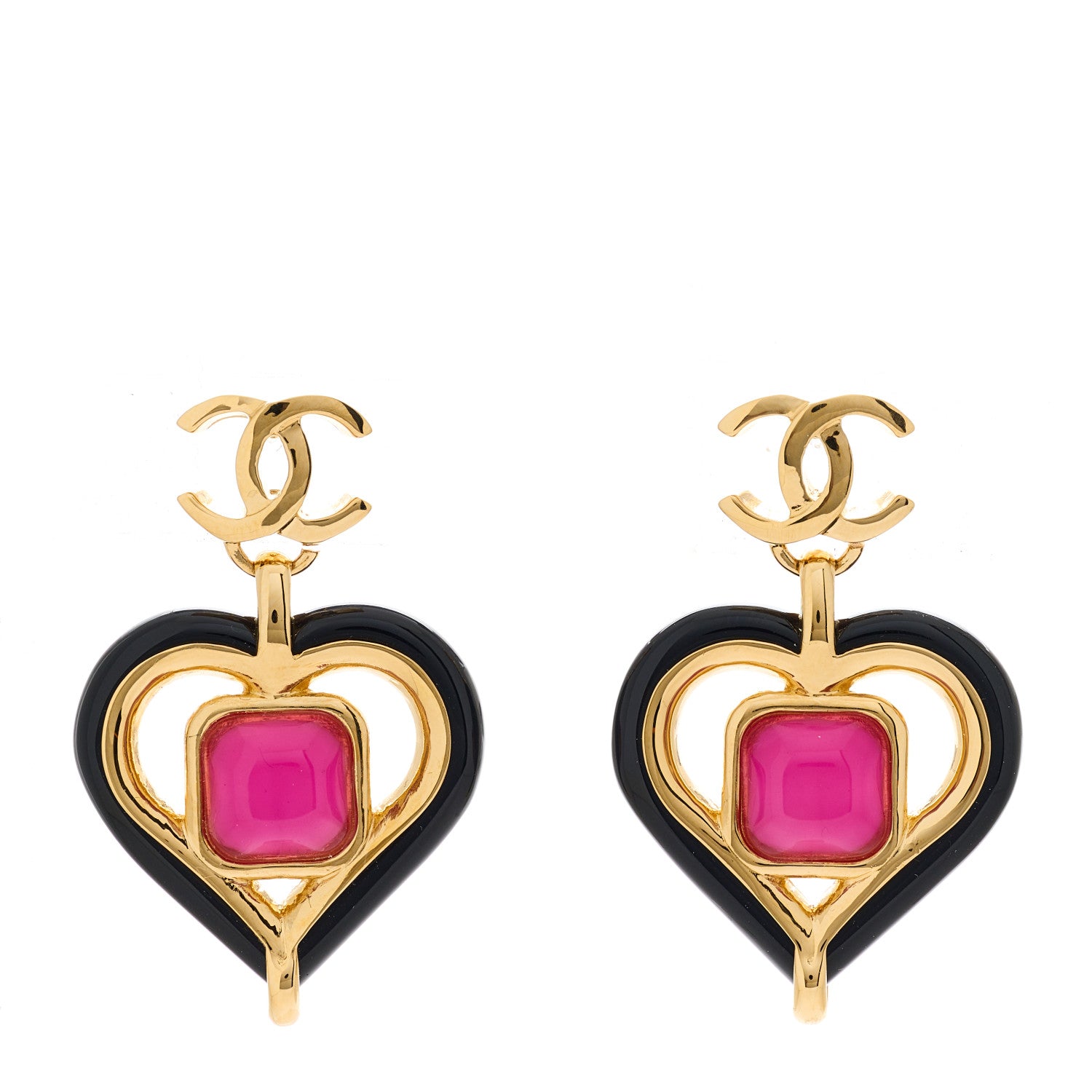 Chanel Resin Heart CC Drop Earrings Black Pink Gold 1 of 5