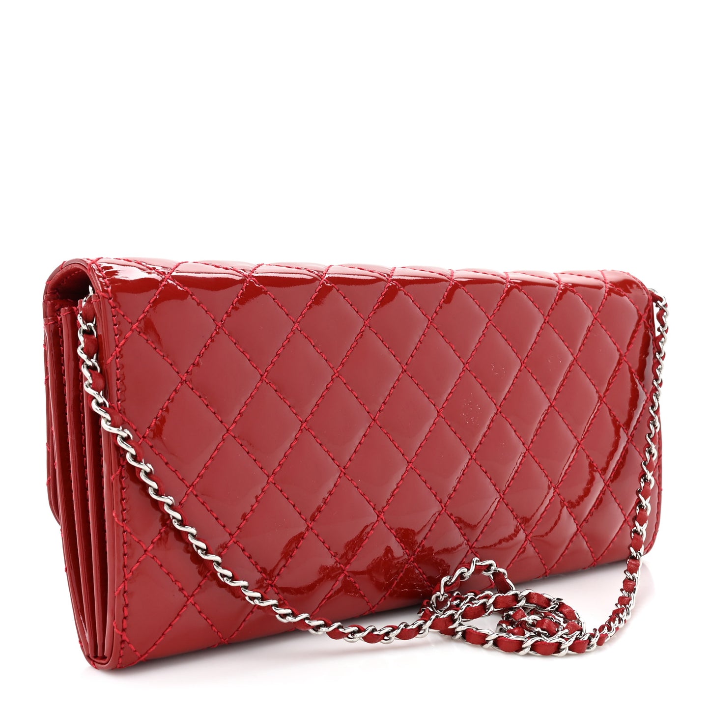 Patent Calfskin Quilted Brilliant East West Flap Clutch Red