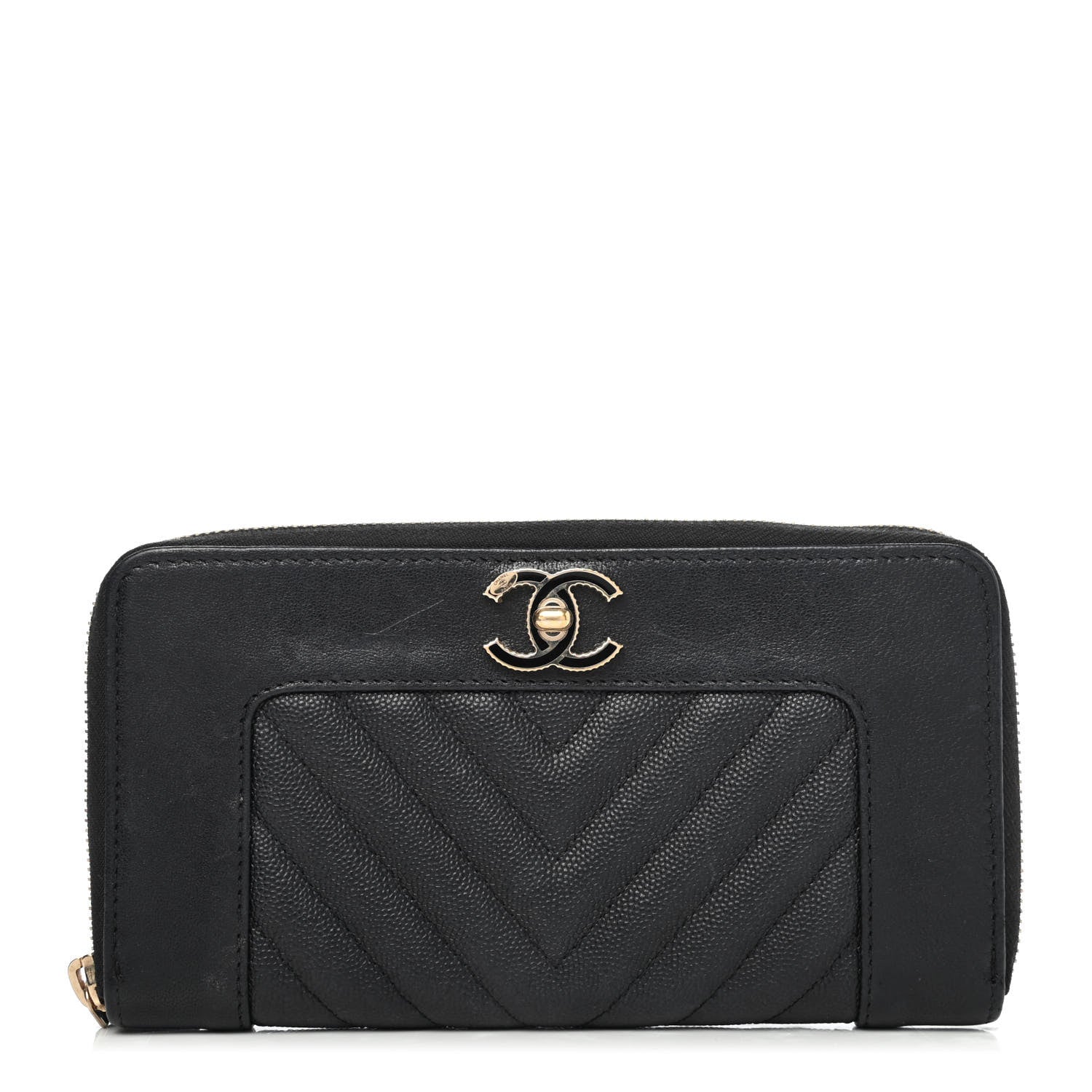 Chanel Caviar Sheepskin Chevron Quilted Mademoiselle Vintage Zip Around Wallet Black 1 of 4