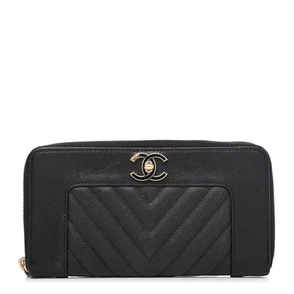 Chanel Caviar Sheepskin Chevron Quilted Mademoiselle Vintage Zip Around Wallet Black 1 of 4