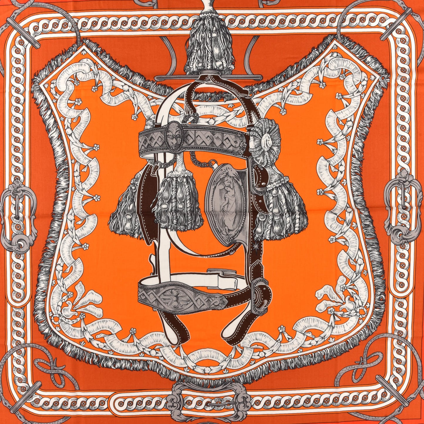 Cashmere Silk Bride De Cour Remix Scarf 140 Orange White Sepia