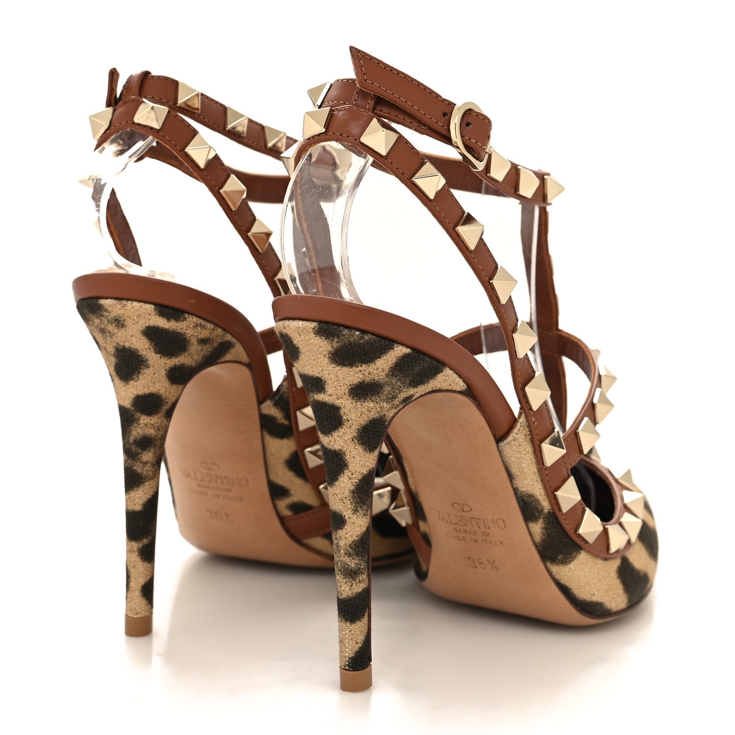 Canvas Leopard Print Rockstud Ankle Strap 100mm Pumps 36.5 Brown