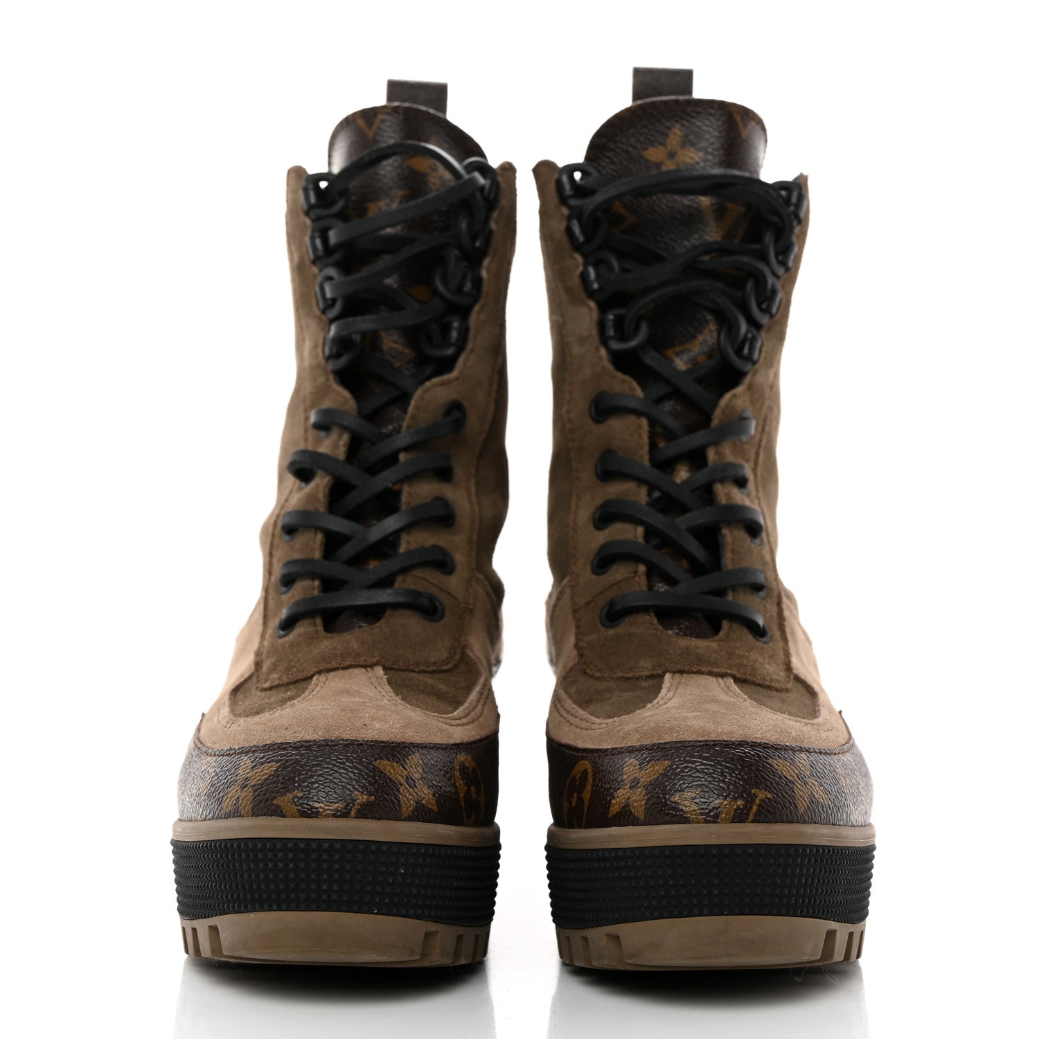 Louis Vuitton Suede Calfskin Crocodile Embossed Patent Monogram Laureate Platform Desert Boots 37 Taupe 2 of 9