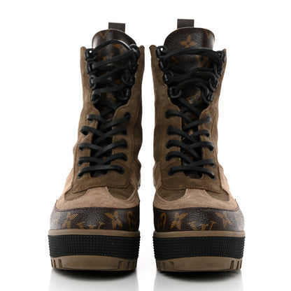 Louis Vuitton Suede Calfskin Crocodile Embossed Patent Monogram Laureate Platform Desert Boots 37 Taupe 2 of 9