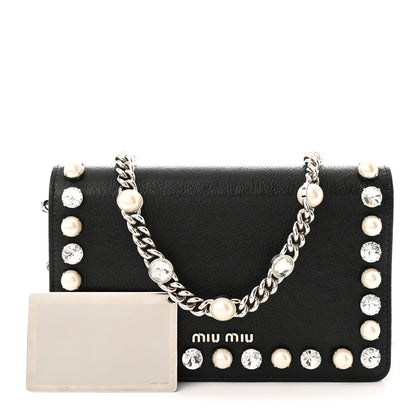 Miu Miu Goatskin Madras Crystal Pearl Flap Clutch Black 3 of 12