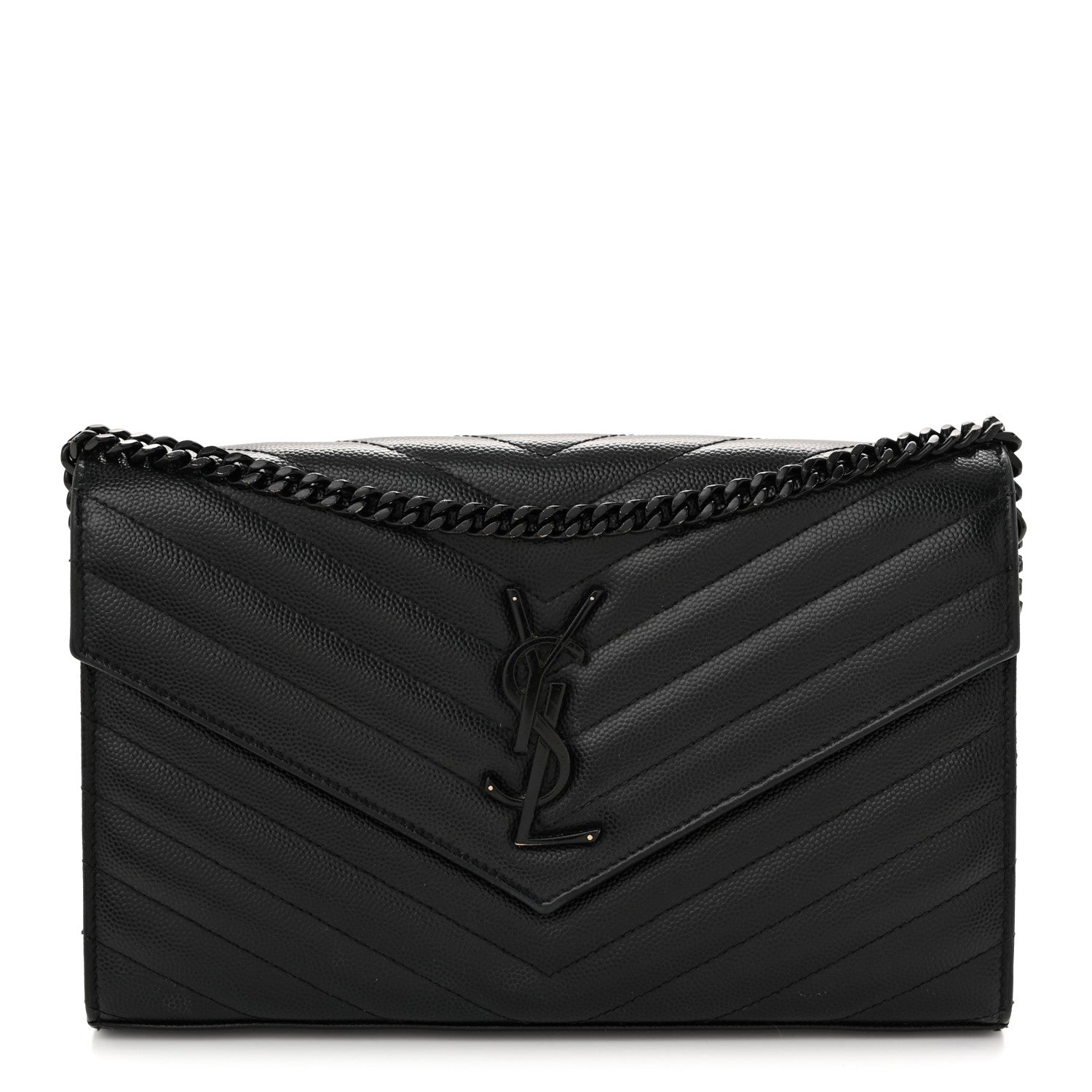 Saint Laurent Grain De Poudre Matelasse Chevron Monogram Monochrome Chain Wallet Black 1 of 9