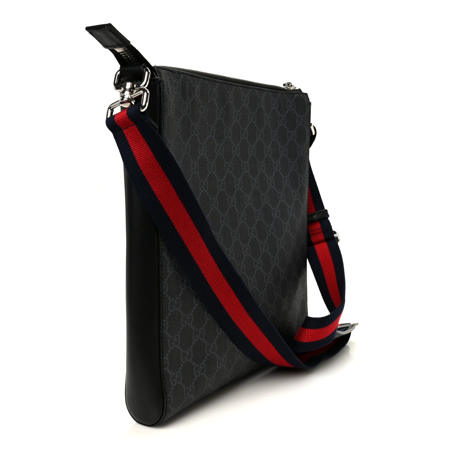 Gucci GG Supreme Monogram Appia Calfskin Web Flat Messenger Bag Black Grey 3 of 11