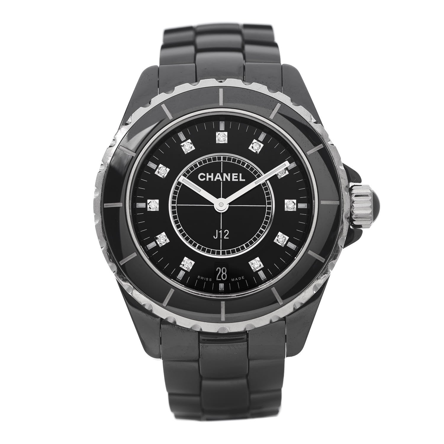 Chanel Stainless Steel Ceramic Diamond 38mm J12 Quartz Watch Black 1 of 8