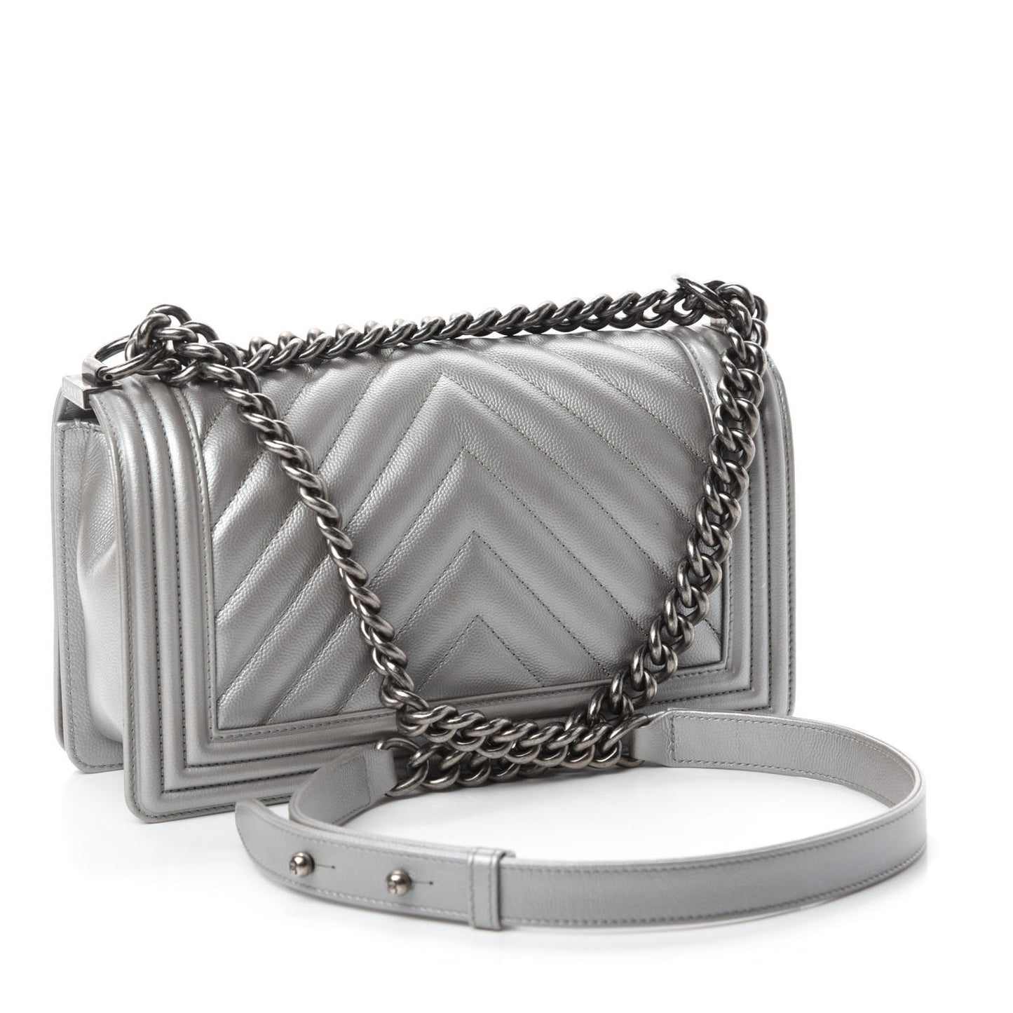 Metallic Caviar Chevron Quilted Medium Boy Flap Silver