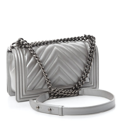Chanel Metallic Caviar Chevron Quilted Medium Boy Flap Silver 3 of 11
