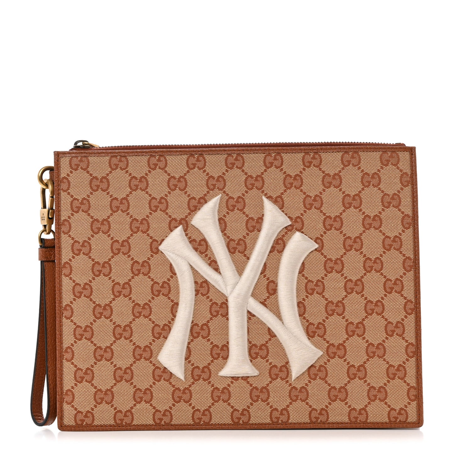 X MLB GG Monogram NY Yankees Zip Wristlet Pouch Beige Ruggine Ivory