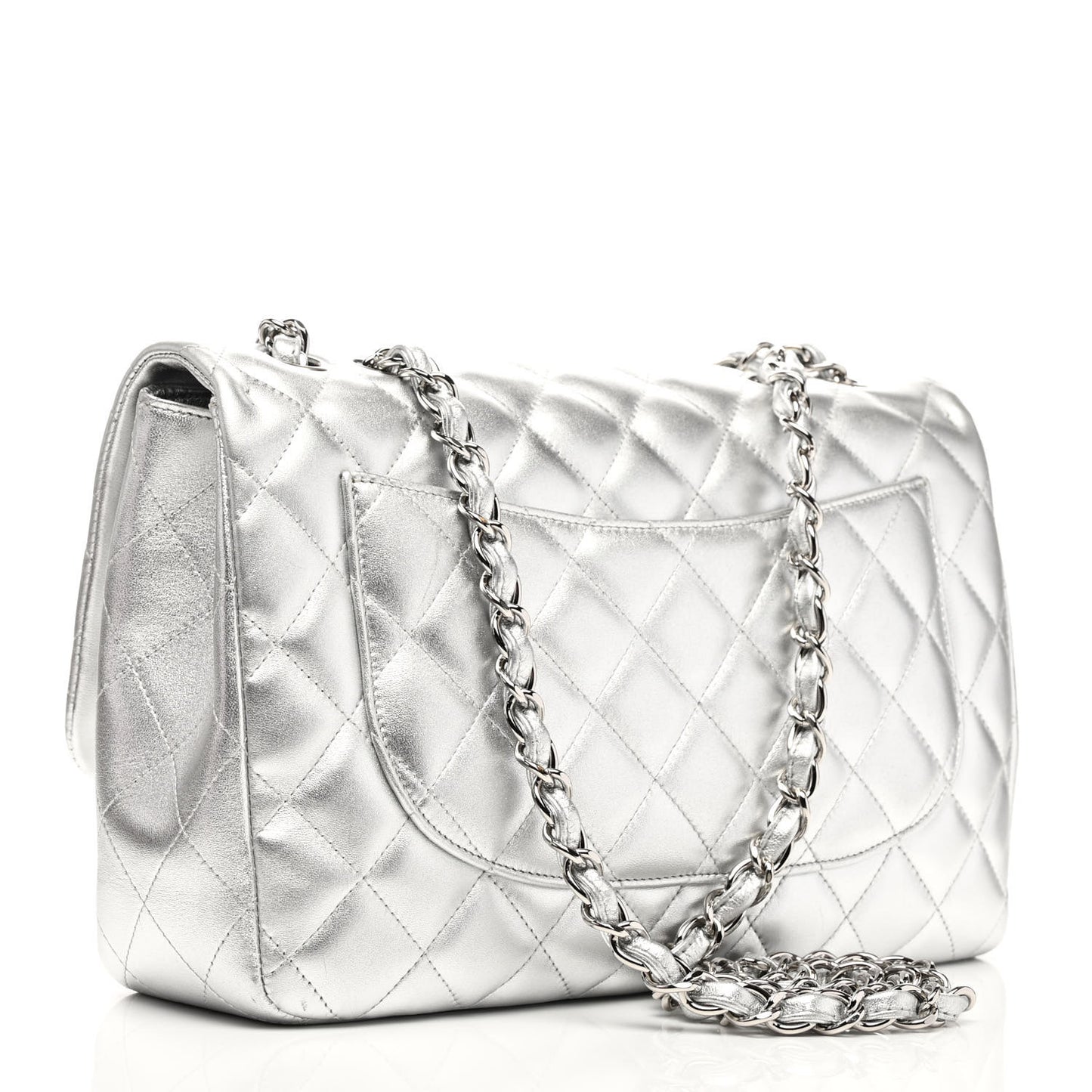 Metallic Lambskin Quilted Jumbo Single Flap Silver
