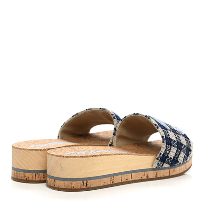 Chanel Tweed Mixed Fibers Cork CC Mule Sandal 37 Navy Blue White Blue 4 of 7