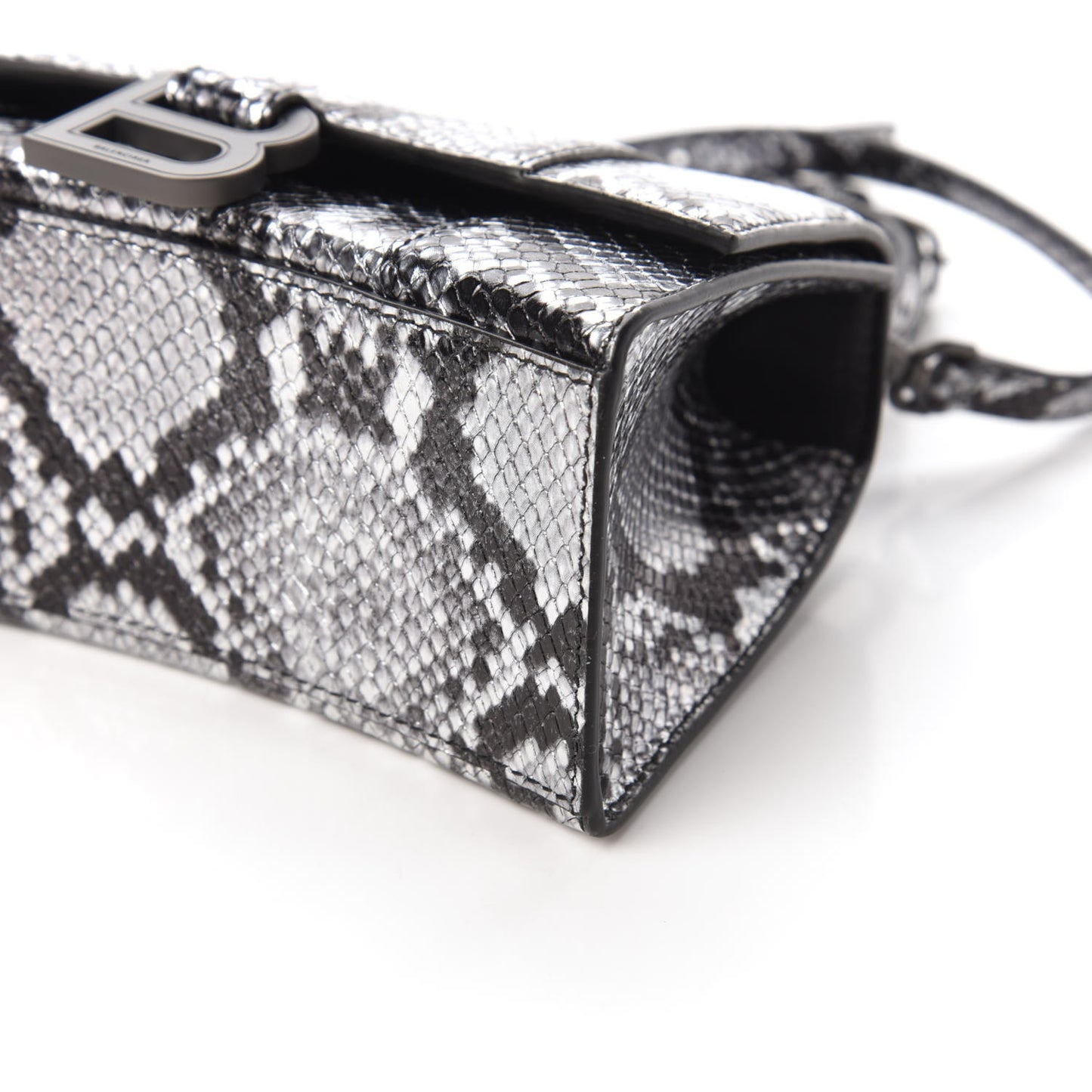 Shiny Calfskin Snakeskin Embossed Hourglass Top Handle Bag XS Silver Black