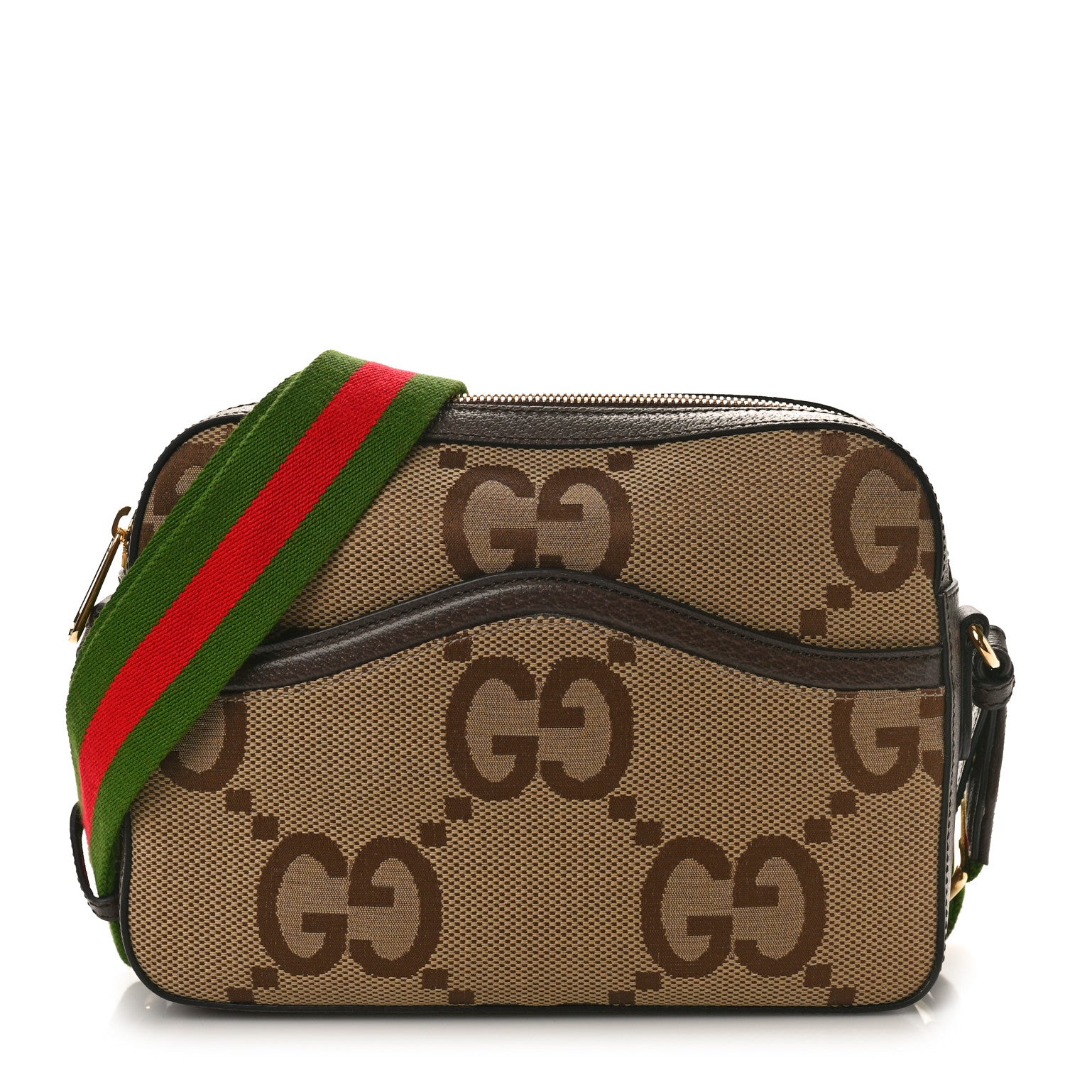Gucci Monogram Jumbo GG Textured Dollar Calfskin Web Messenger Shoulder Bag Camel Ebony New Acero 1 of 9