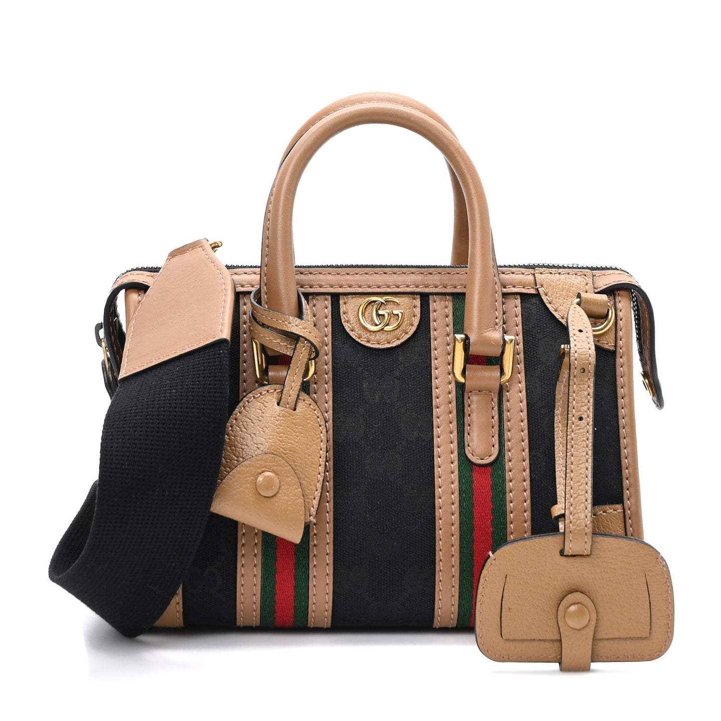 Monogram Textured Dollar Calfskin Web Mini Bauletto Duffle Top Handle Bag Black Koi Beige