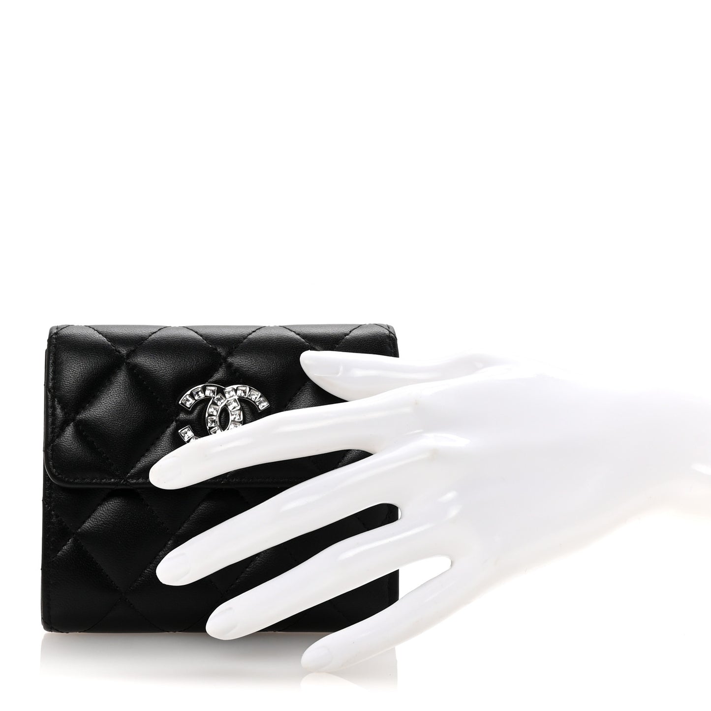 Lambskin Quilted Baguette Crystal Small Compact Wallet Black