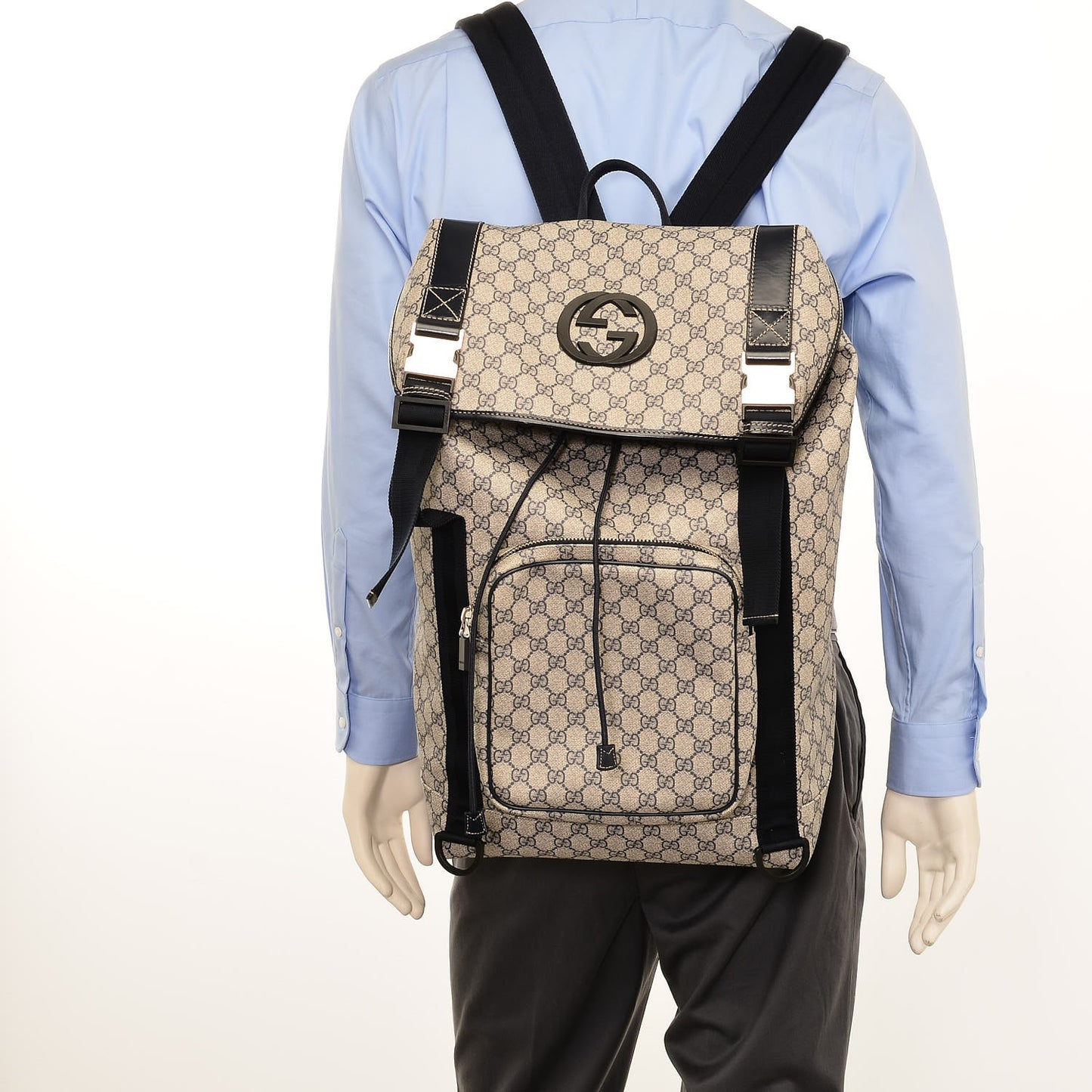 GG Supreme Monogram Large Interlocking G Double Buckle Backpack Navy