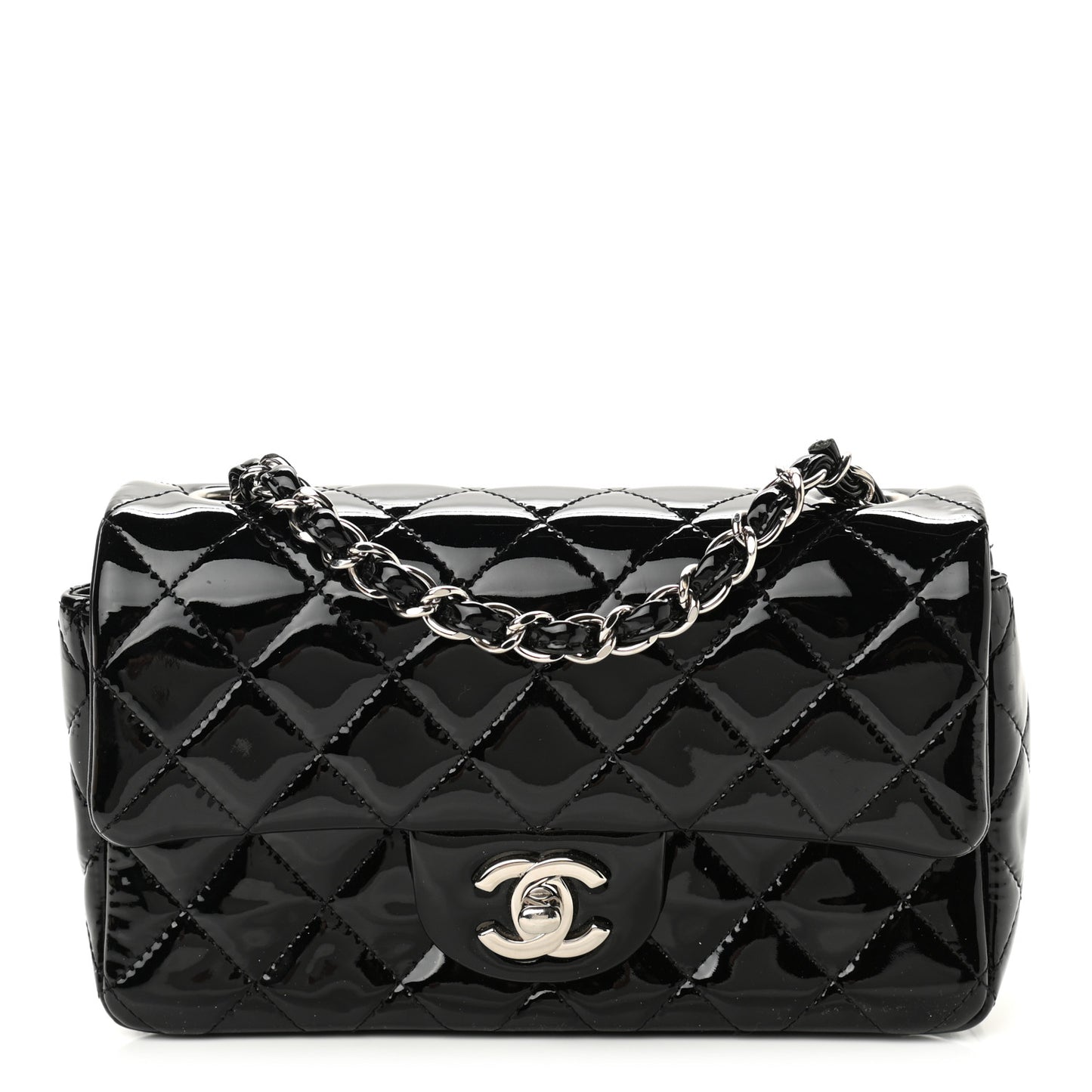 Patent Calfskin Quilted Mini Rectangular Flap Black