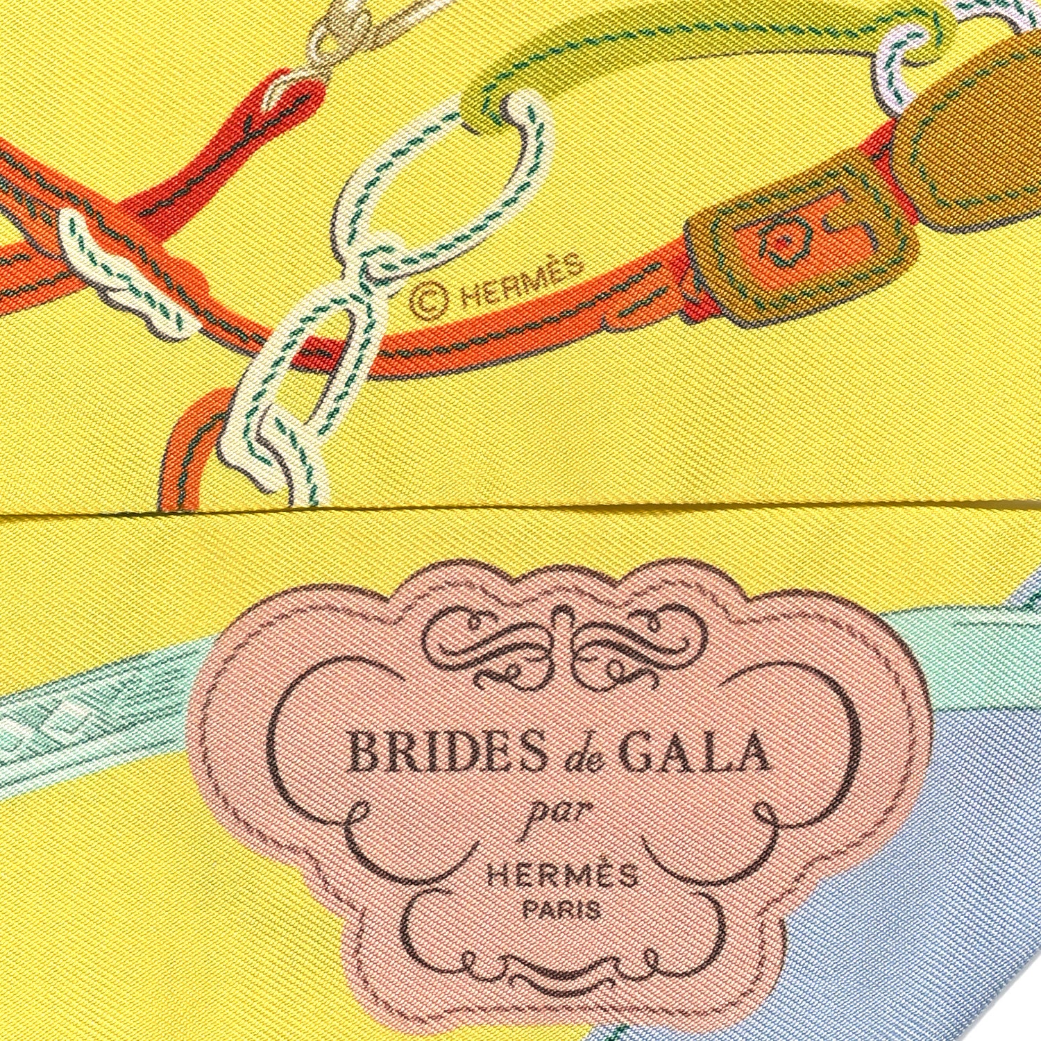 Hermes Silk Brides de Gala Applique Pique Twilly Jaune Vif Vert D'eau Bronze 4 of 4