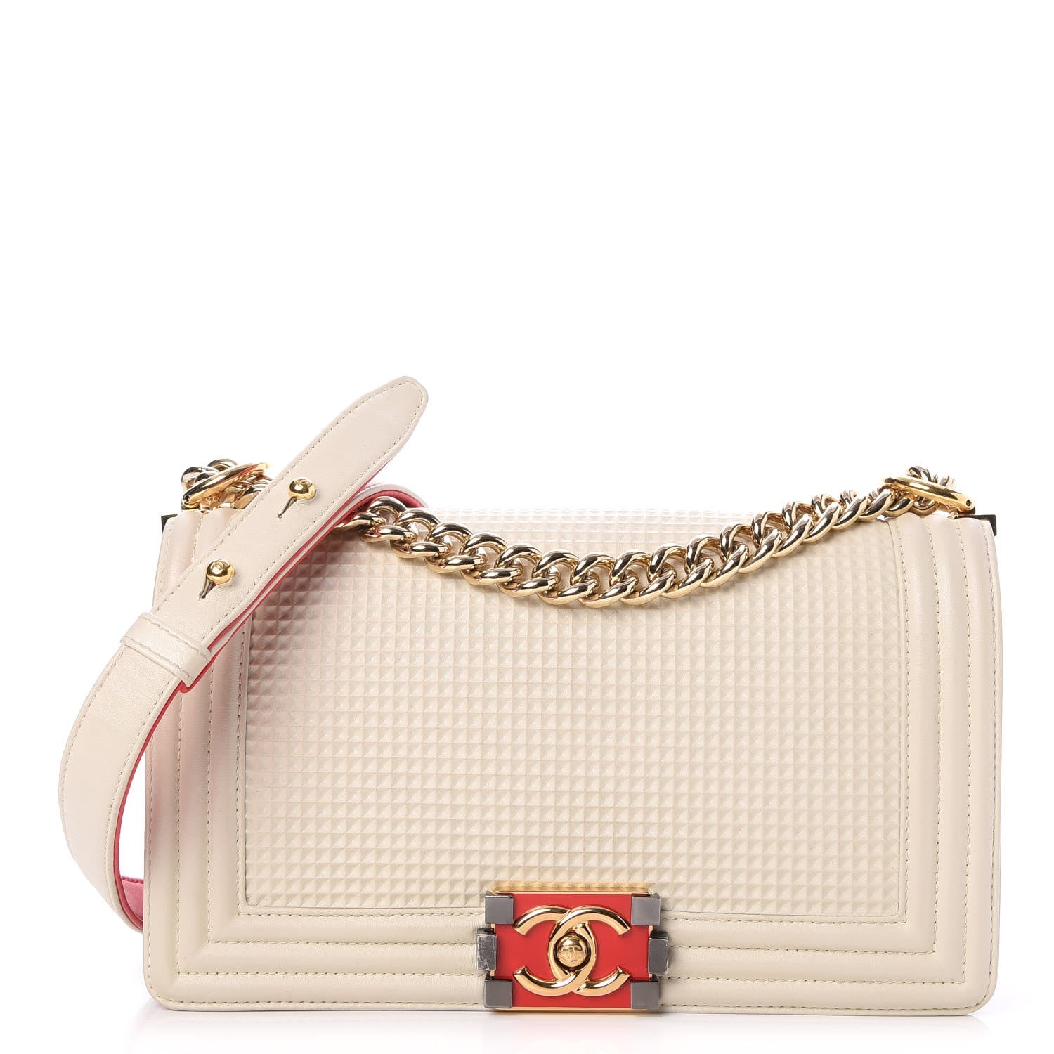 Chanel Lambskin Embossed Medium Boy Cube Flap White Red 1 of 7