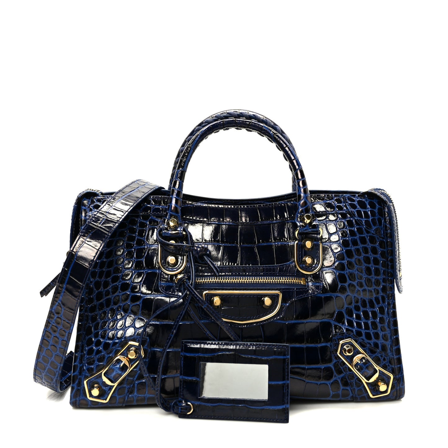 Calfskin Crocodile Embossed Gold Metallic Edge Hardware S City Bleu