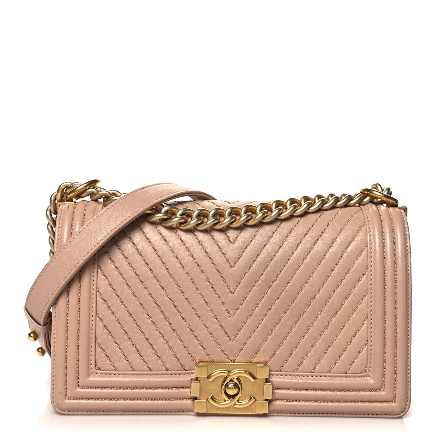 Lambskin Chevron Chain Stitched Medium Boy Flap Beige