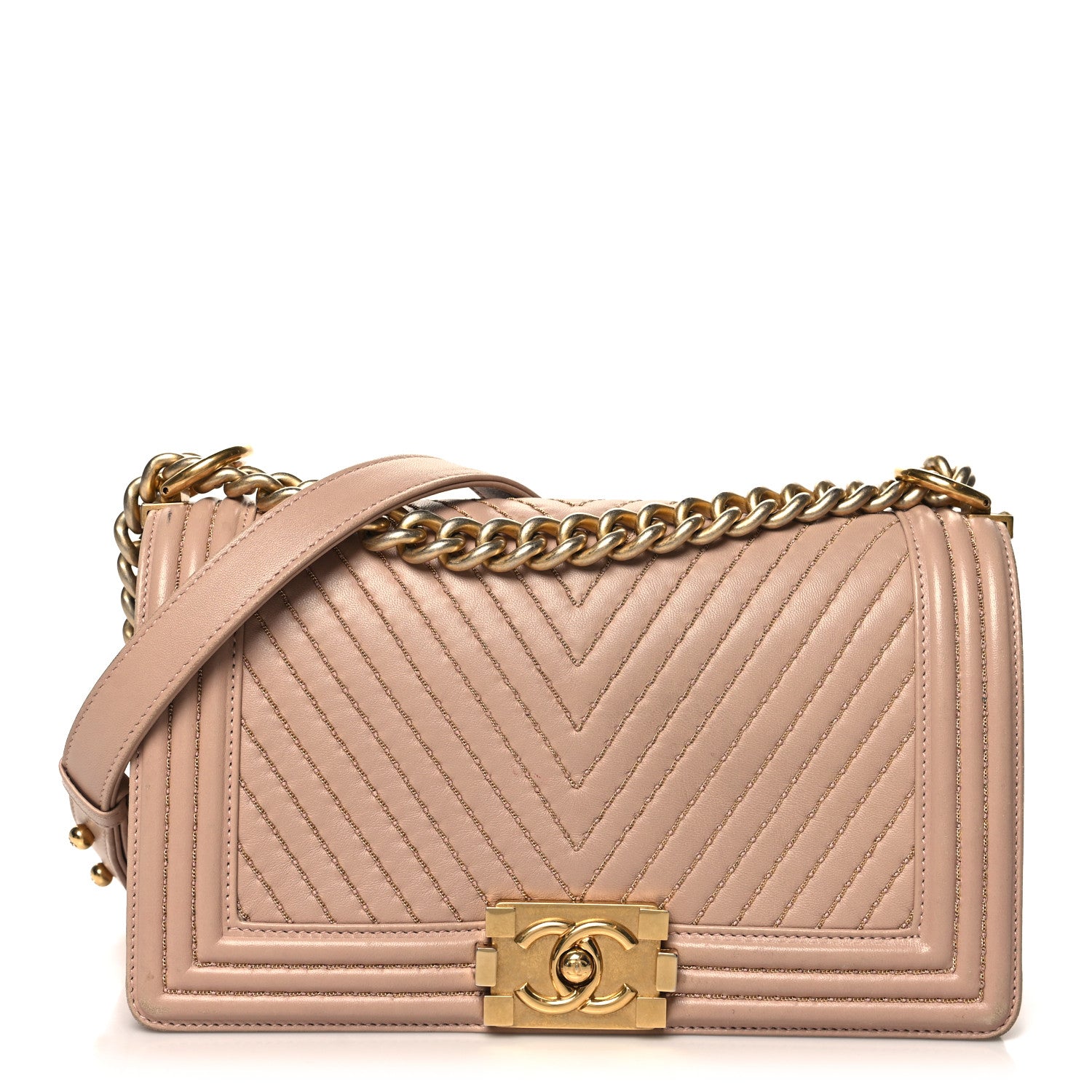 Chanel Lambskin Chevron Chain Stitched Medium Boy Flap Beige 1 of 16