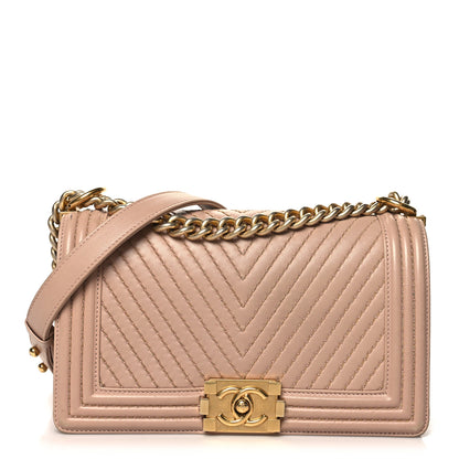 Chanel Lambskin Chevron Chain Stitched Medium Boy Flap Beige 1 of 16
