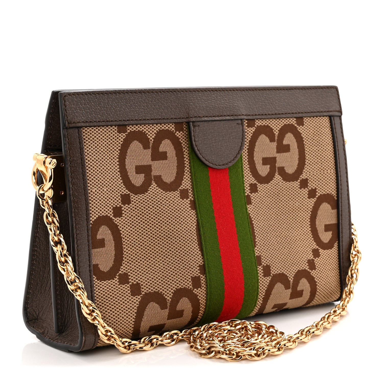 Gucci Monogram Jumbo GG Textured Dollar Calfskin Web Small Ophidia Chain Shoulder Bag Camel Ebony New Acero 3 of 10