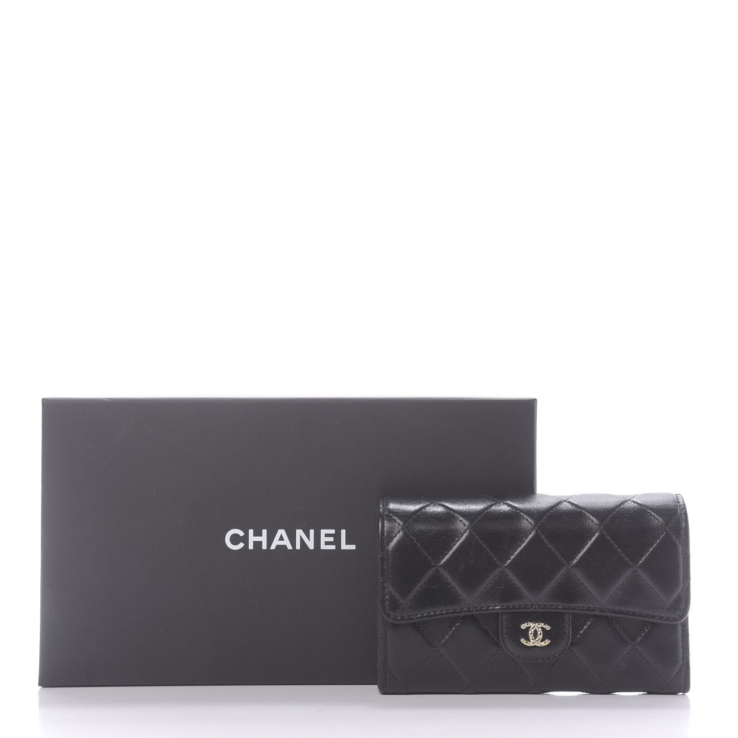 Shiny Goatskin Quilted Medium Flap Wallet Black