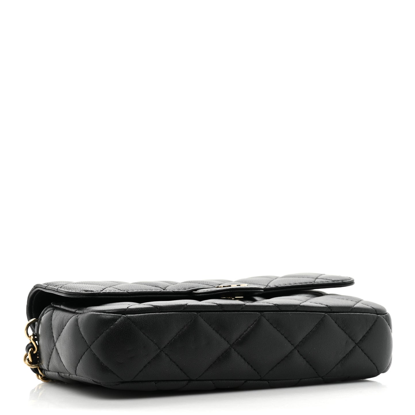 Lambskin Quilted Flap Phone Holder With Chain Black