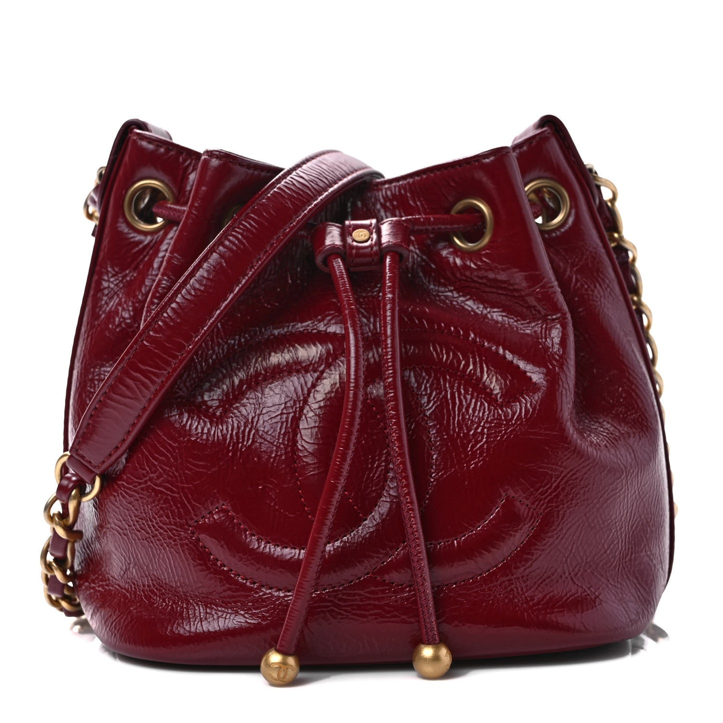 Shiny Aged Calfskin CC Chain Mini Drawstring Bag Red