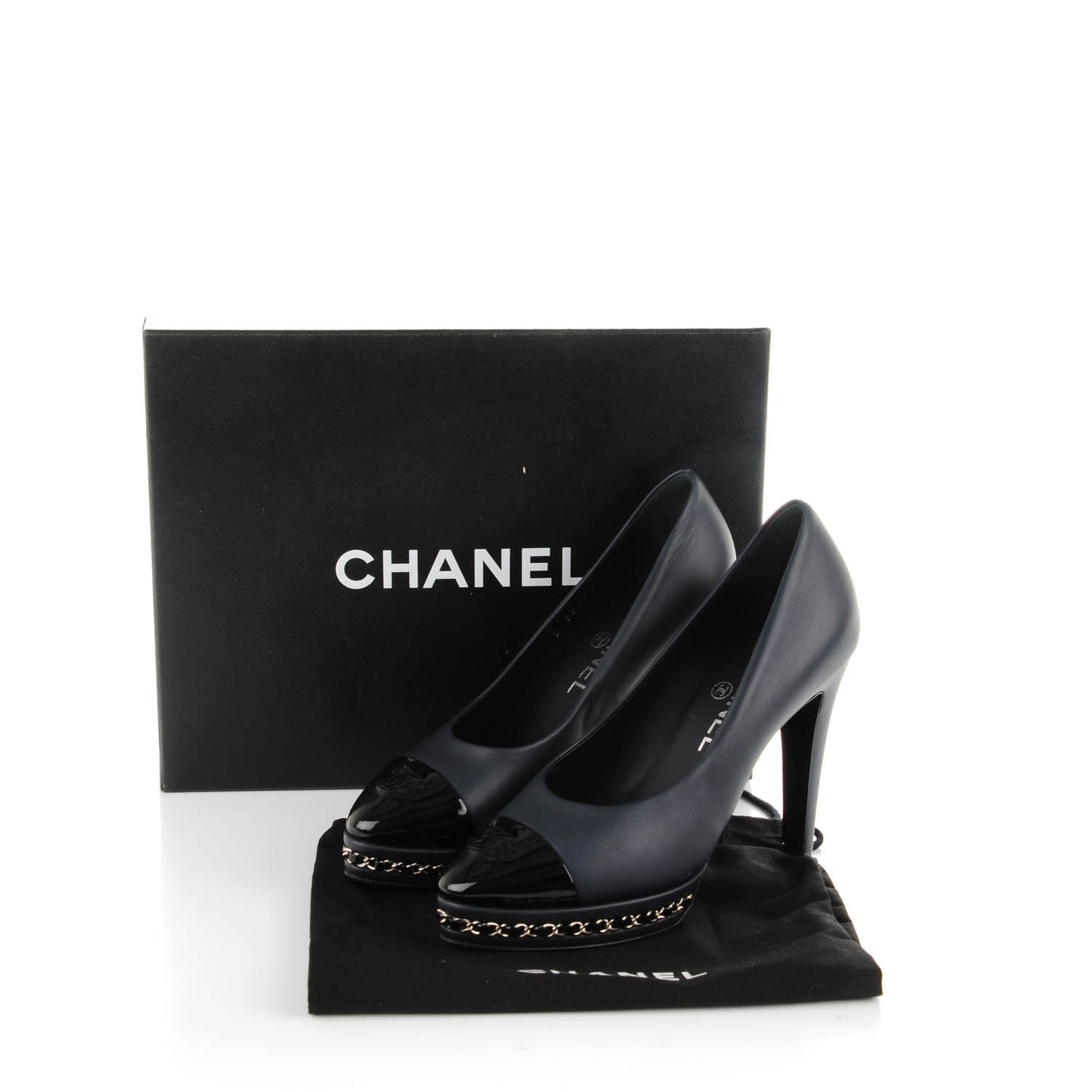 Calfskin Patent CC Cap Toe Platform Chain Pumps 36 Navy Black