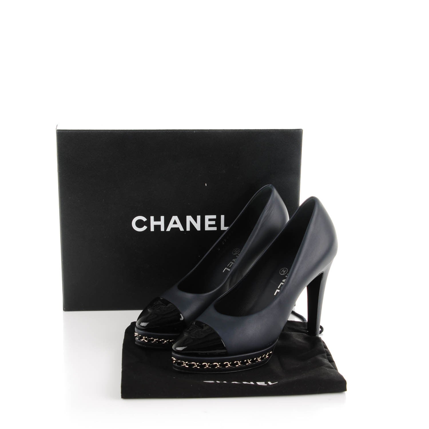 Chanel Calfskin Patent CC Cap Toe Platform Chain Pumps 36 Navy Black 8 of 9