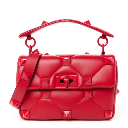 Valentino Garavani Nappa Enamel Monochrome Medium Roman Stud Shoulder Bag Rouge Pur 1 of 11