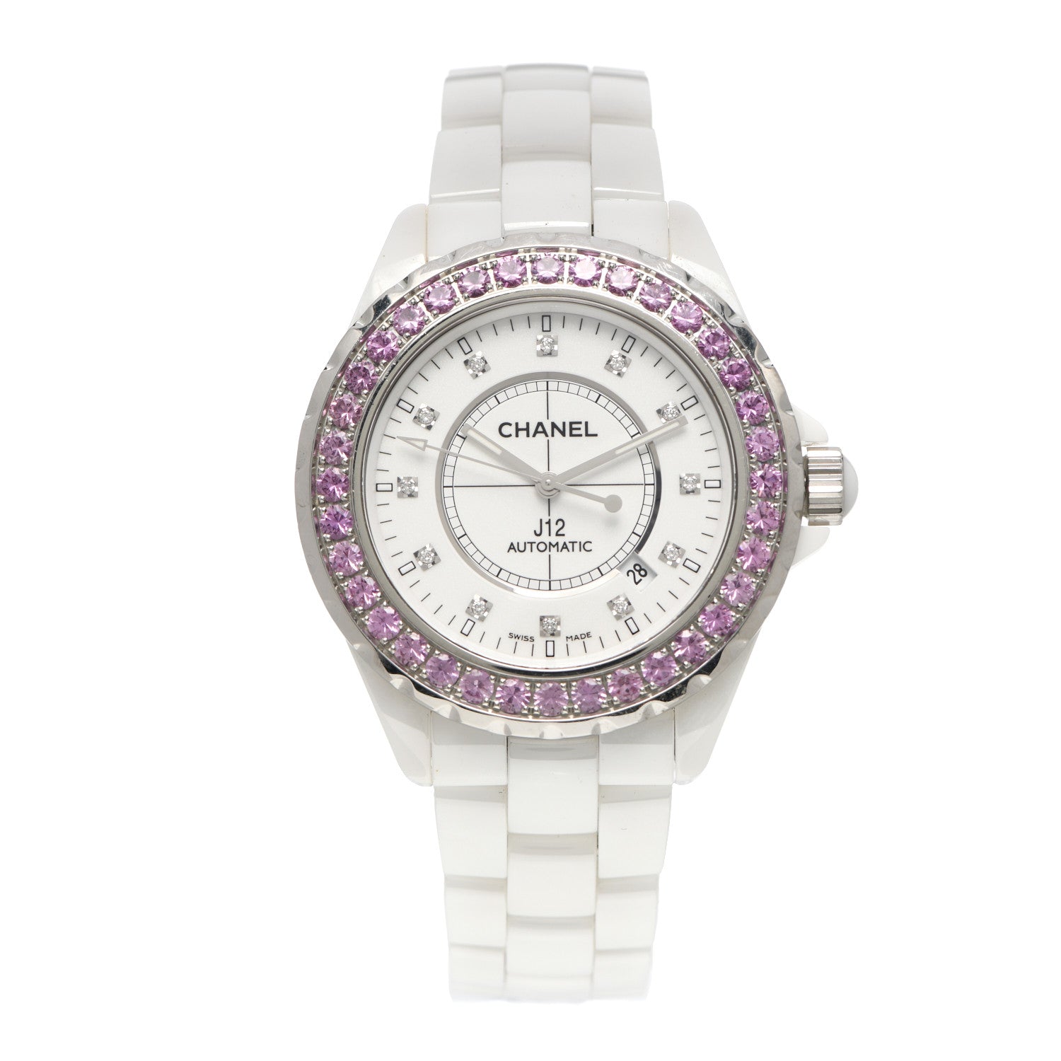 Chanel Stainless Steel Ceramic Diamond Pink Sapphire 42mm J12 Automatic Watch White 1 of 5