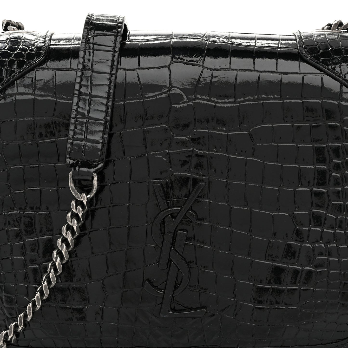 Crocodile Embossed Lambskin Matelasse Monogram Niki Chain Wallet Black