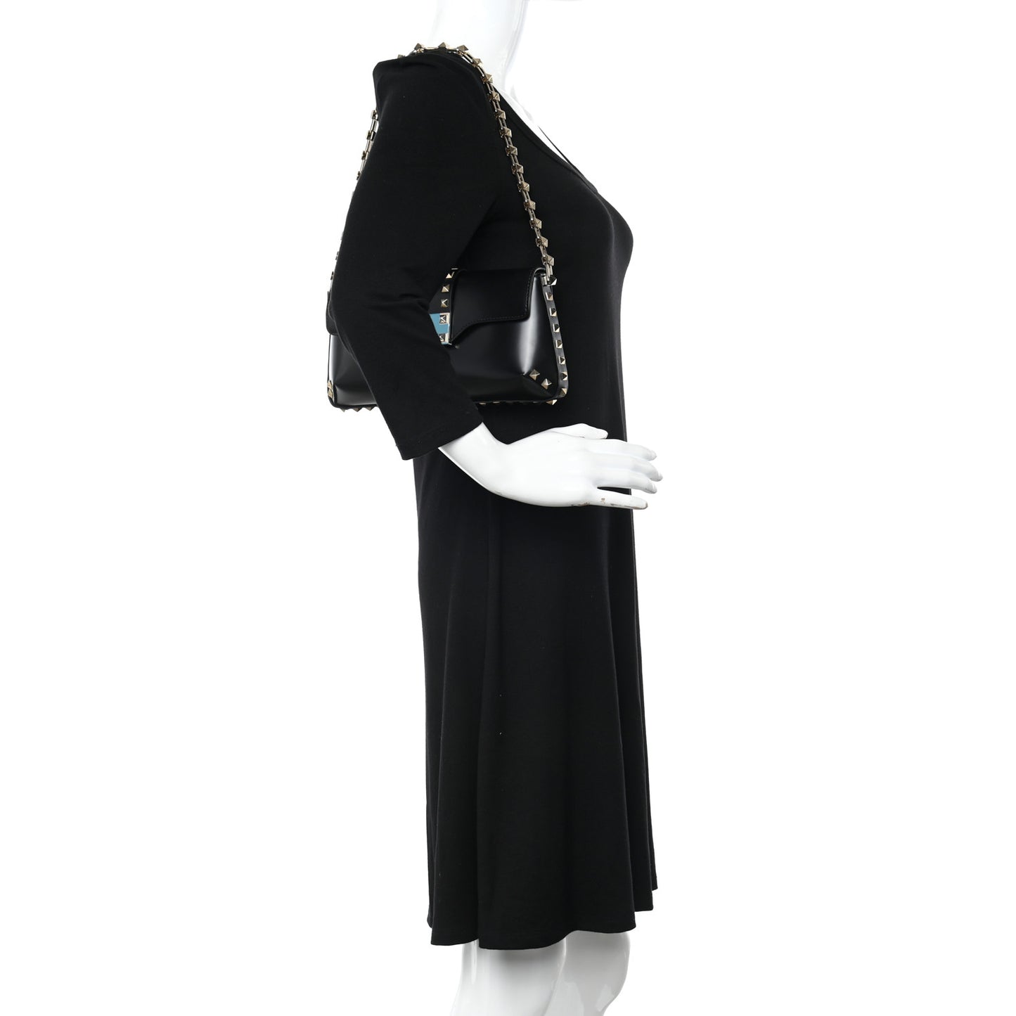 Brushed Calfskin Rockstud Flip Lock Chain Shoulder Bag Black