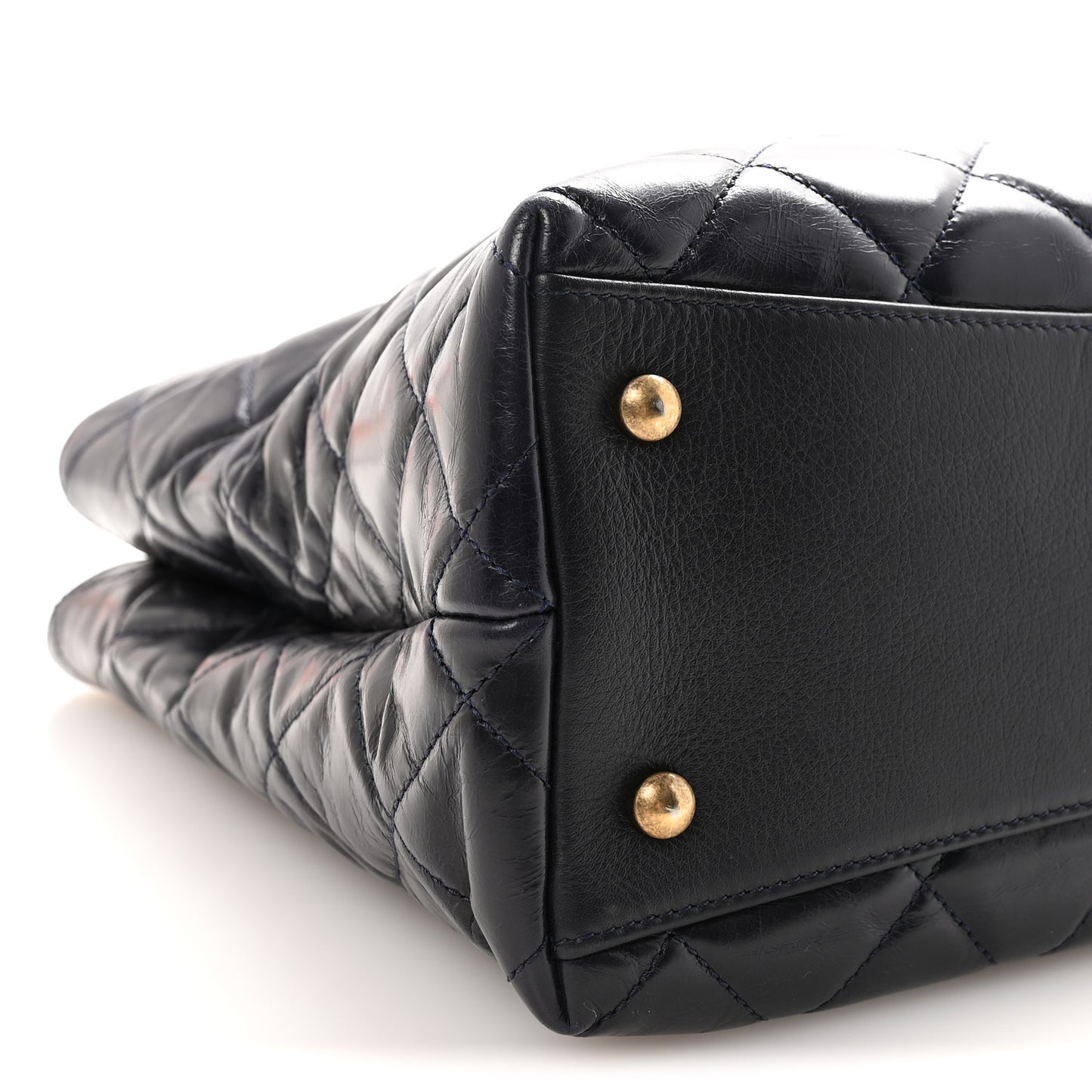 Glazed Calfskin Quilted Gold Bar Tote Dark Navy Blue