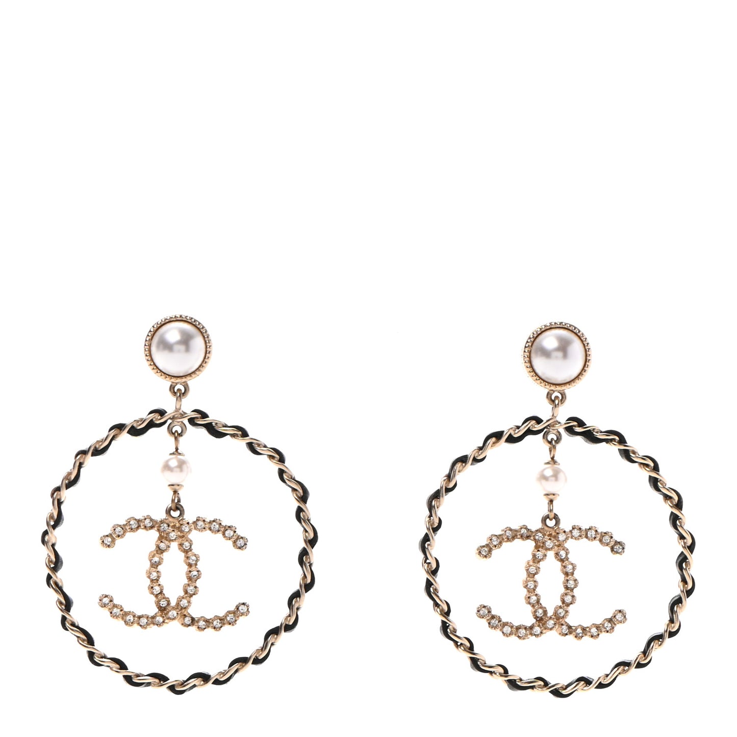 Lambskin Crystal Pearl CC Drop Earrings Gold Black
