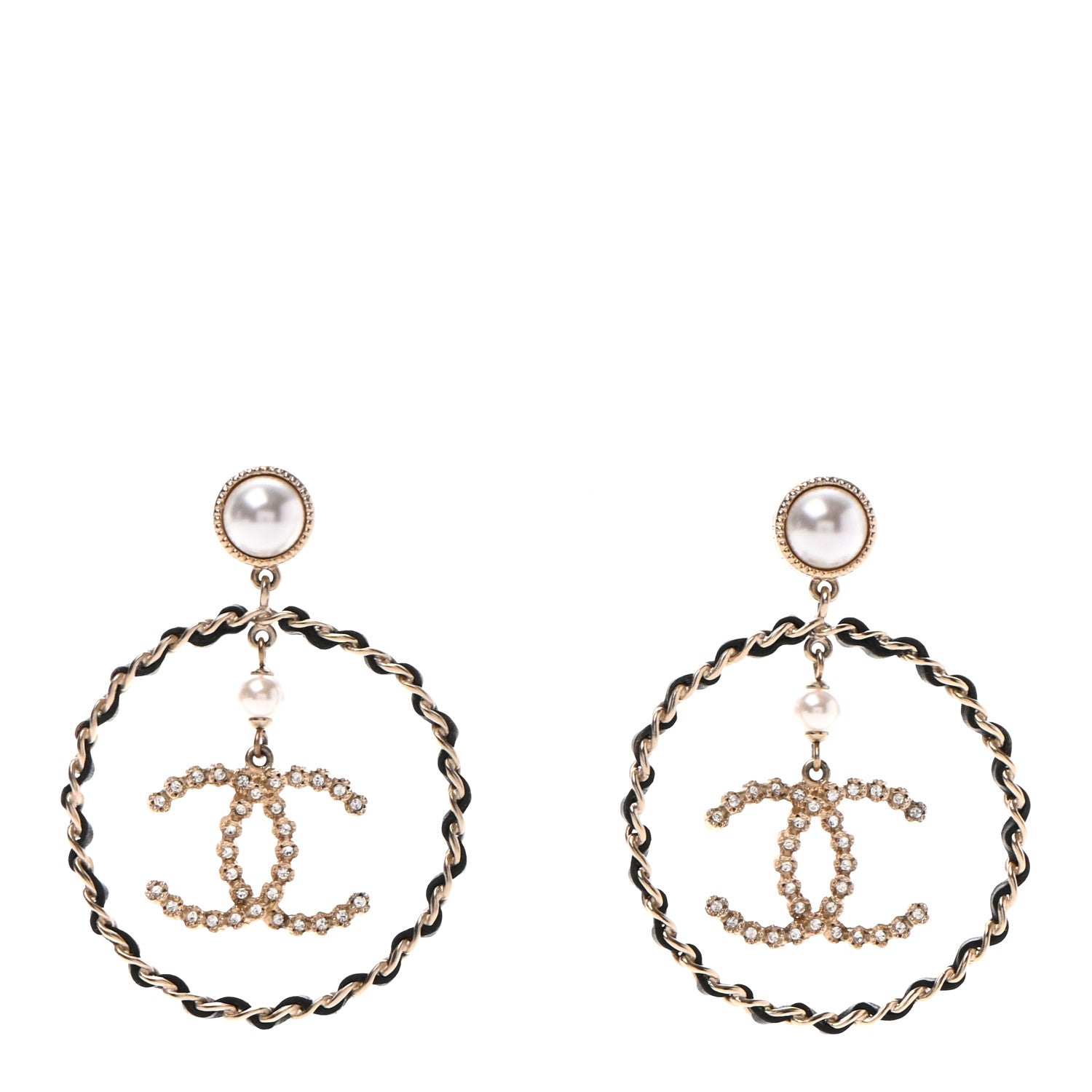 Chanel Lambskin Crystal Pearl CC Drop Earrings Gold Black 1 of 5
