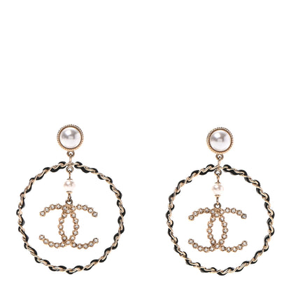Chanel Lambskin Crystal Pearl CC Drop Earrings Gold Black 1 of 5