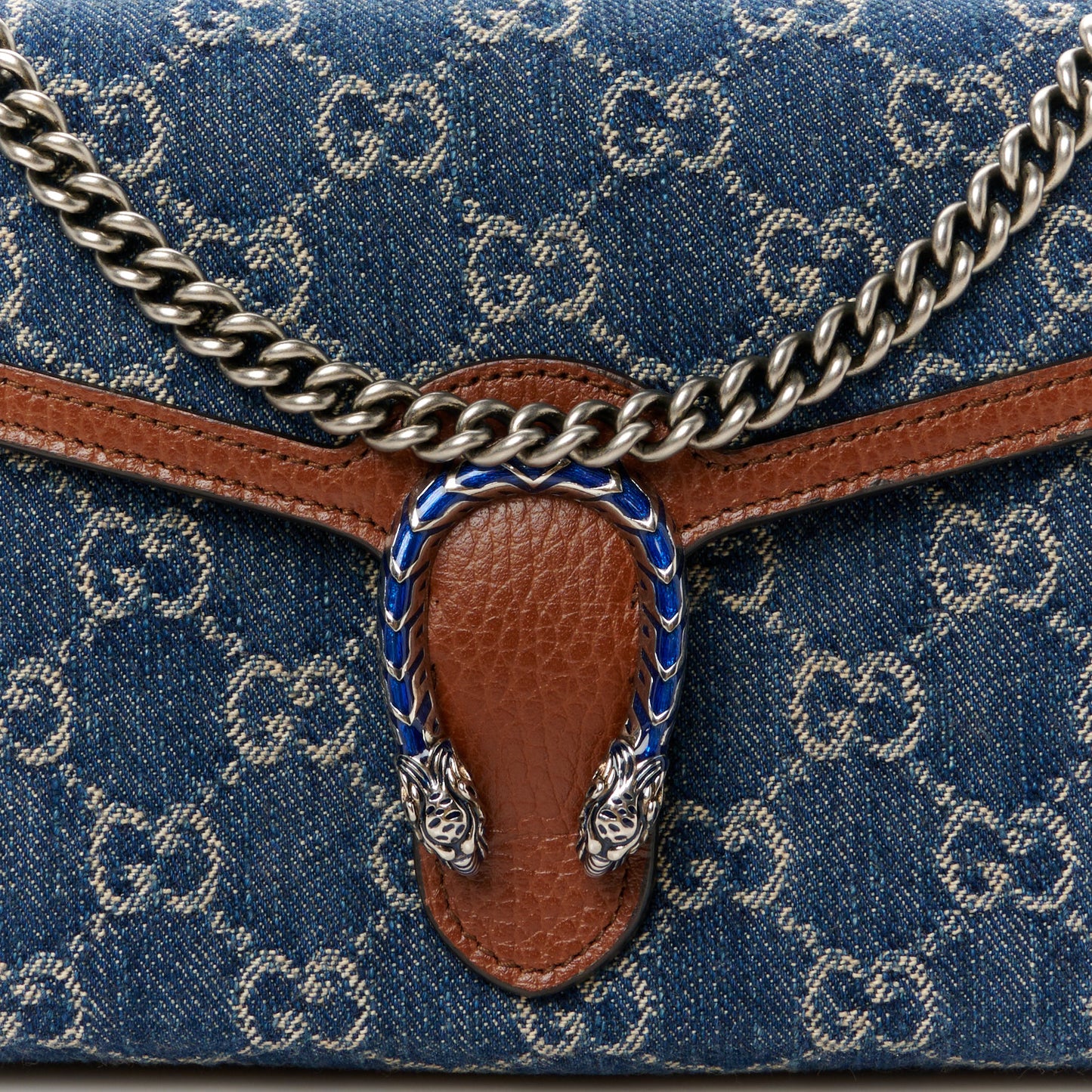 New Denim GG Monogram Dollar Calfskin Enamel Mini Dionysus Chain Wallet Blue Tea Cuir Epilog Electric Blue