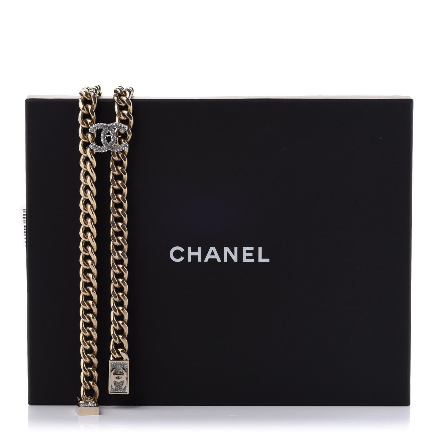 Chain Link Crystal CC Dog Tag Charm Necklace Gold